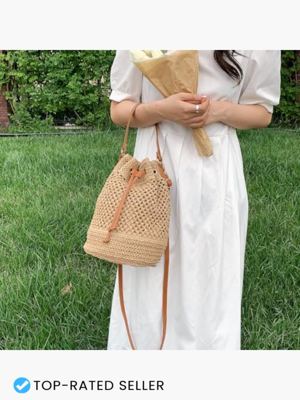 Woven Straw Bucket Bag Summer Fashion Handbag Crossbody Hobo Drawstring Purse - Picture 2 of 7